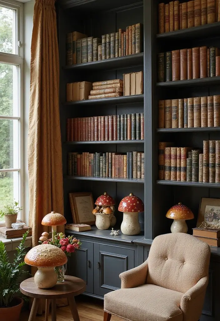 30+ Vintage Ceramic Mushroom Decor Inspirations For Retro Homes 66 30+ Vintage Ceramic Mushroom Decor Inspirations For Retro Homes - 26. Nostalgic Home Library